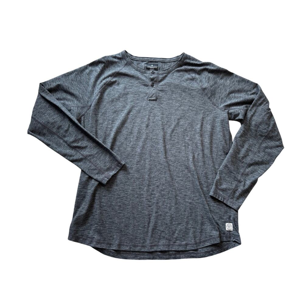 American Eagle Men's Flex Henley Top Gray Heather Long Sleeve Casual Shirt 2XL